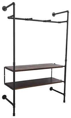 Wall Mounted Pipeline Display, 2 Shelves, 1 Dual Spoke Hanging Bar – Dark Brown