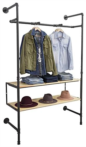 Wall Mounted Pipeline Display, 2 Shelves, 1 Dual Spoke Hanging Bar – Natural - Image 3