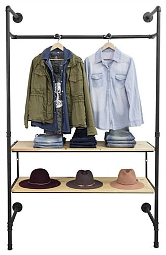 Wall Mounted Pipeline Display, 2 Shelves, 1 Dual Spoke Hanging Bar – Natural - Image 4