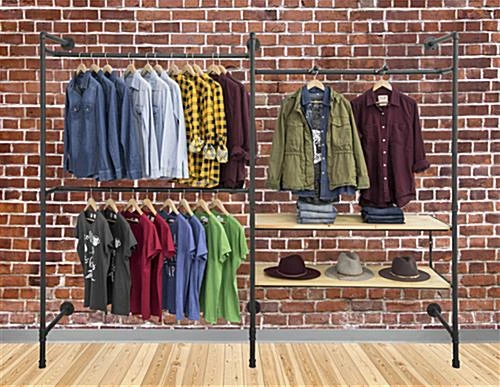 Wall Mounted Pipeline Display, 2 Shelves, 1 Dual Spoke Hanging Bar – Natural - Image 5