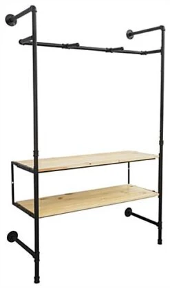 Wall Mounted Pipeline Display, 2 Shelves, 1 Dual Spoke Hanging Bar – Natural