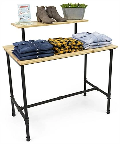 Wooden Pipeline Nesting Table W/ Removable Shelf, Rectangular, Metal Legs – Natural - Image 3