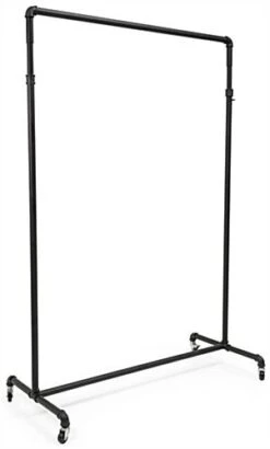 Pipeline Clothing Rack With Single Tiered Bars, 4 Wheels, Height Adjustable – Black