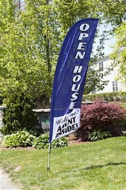 8' Real Estate Feather Flag W/ Ground Spike, Vertical OPEN HOUSE Message - Blue