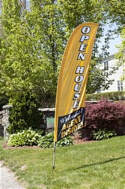 8' Real Estate Feather Flag W/ Ground Spike, Vertical OPEN HOUSE Message - Gold