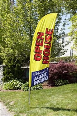 8' Real Estate Feather Flag W/ Ground Spike, OPEN HOUSE Message - Yellow