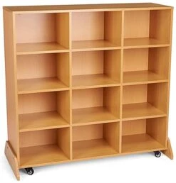Cubby Storage Stand W/ Wheels, Dry Erase Board Back, 12 Compartments - Beech Wood