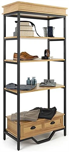 75"h Farmhouse Style Shelving Unit W/4 Shelves & Faux Drawer Accent - Natural Oak - Image 3