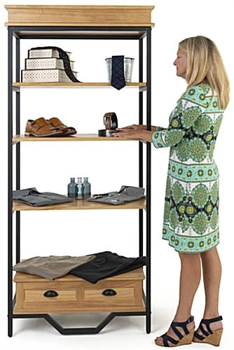 75"h Farmhouse Style Shelving Unit W/4 Shelves & Faux Drawer Accent - Natural Oak - Image 5