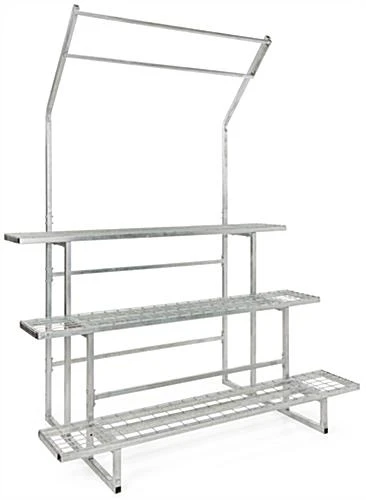 73"w Garden Center Shelving Display With Plant Hanger, Steel, 3-Tiers - Silver