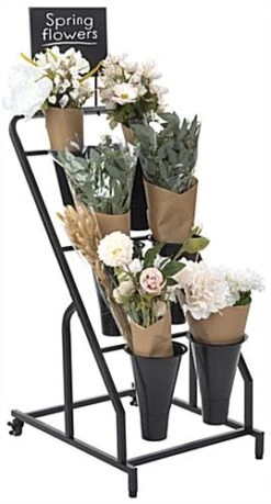 20"w Rolling Flower Display Rack W/ Powder-Coated Frame, Six Plastic Buckets - Black
