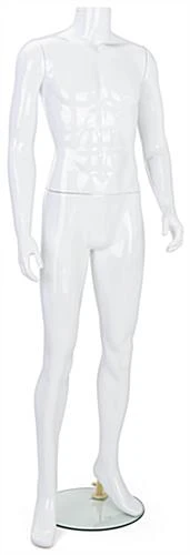 Male Full Body Mannequin With Glass Base, Headless, Formed Hands - Glossy White
