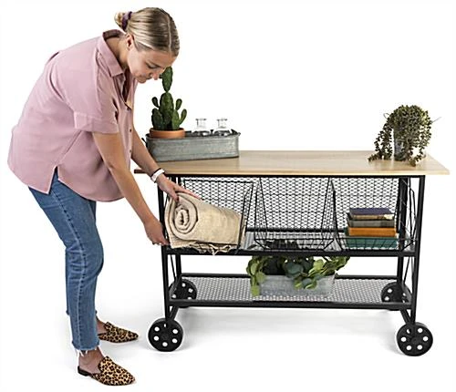 Retail Cart W/ Wheels, 47.25" W X 16.5" D X 32" H, Iron And Oak - Black - Image 4