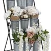 21"w Rolling Flower Display Rack W/ 9 Galvanized Buckets & Plastic Liners - Silver