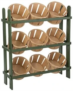 Tiered Wooden Display, Floorstanding, 9 Baskets - Green & Oak