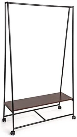 Metal Pipeline Teepee Clothes Rack With Wooden Shelf, Wheeled Base - Black