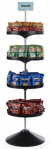 4 Tier Display Rack W/ Rotating Trays, Floorstanding, Top Sign Clip - Black