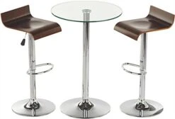 Pub Table Set With 1 Tempered Glass Round Cocktail Table, 2 Adjustable Wooden Stools