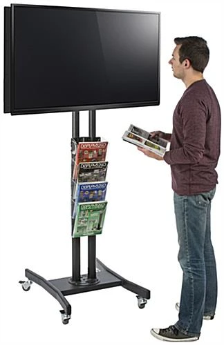 Double-Sided TV Stand W/ 4-Pocket Literature Holder, (2) 32”-65” Screens – Black - Image 5