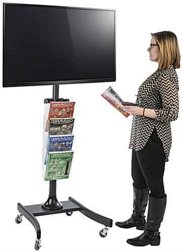 TV Stand W/ Wheels, For 32"-47" Screens, Height-Adjustable, 4-Pocket Lit Rack – Black - Image 5
