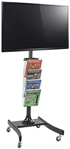 TV Stand W/ Wheels, For 32"-47" Screens, Height-Adjustable, 4-Pocket Lit Rack – Black