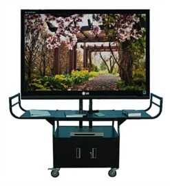 TV Cart With Mount For Monitors Up To 80", 2 Curved Handles, Locking Cabinet - Black