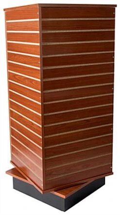 Slatwall Cube Fixture For Floor, 4 Sides, Rotating, Base Wheels - Cherry