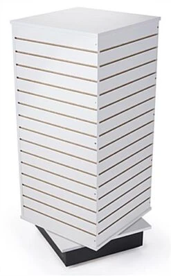 Slatwall Cube Fixture For Floor, 4 Sides, Rotating, Base Wheels - White
