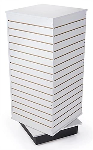 Slatwall Cube Fixture For Floor, 4 Sides, Rotating, Base Wheels - White